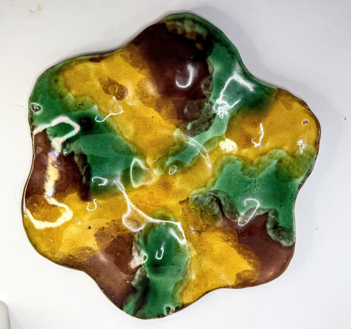 Antique Majolica Oyster Plate Green Yellow Brown Glaze 10in A900