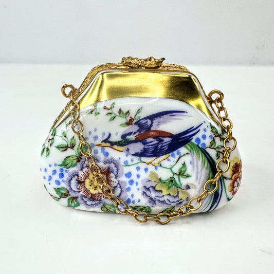 Vintage Limoges Hand Painted Pheasant Floral Handbag Trinket Box A1044