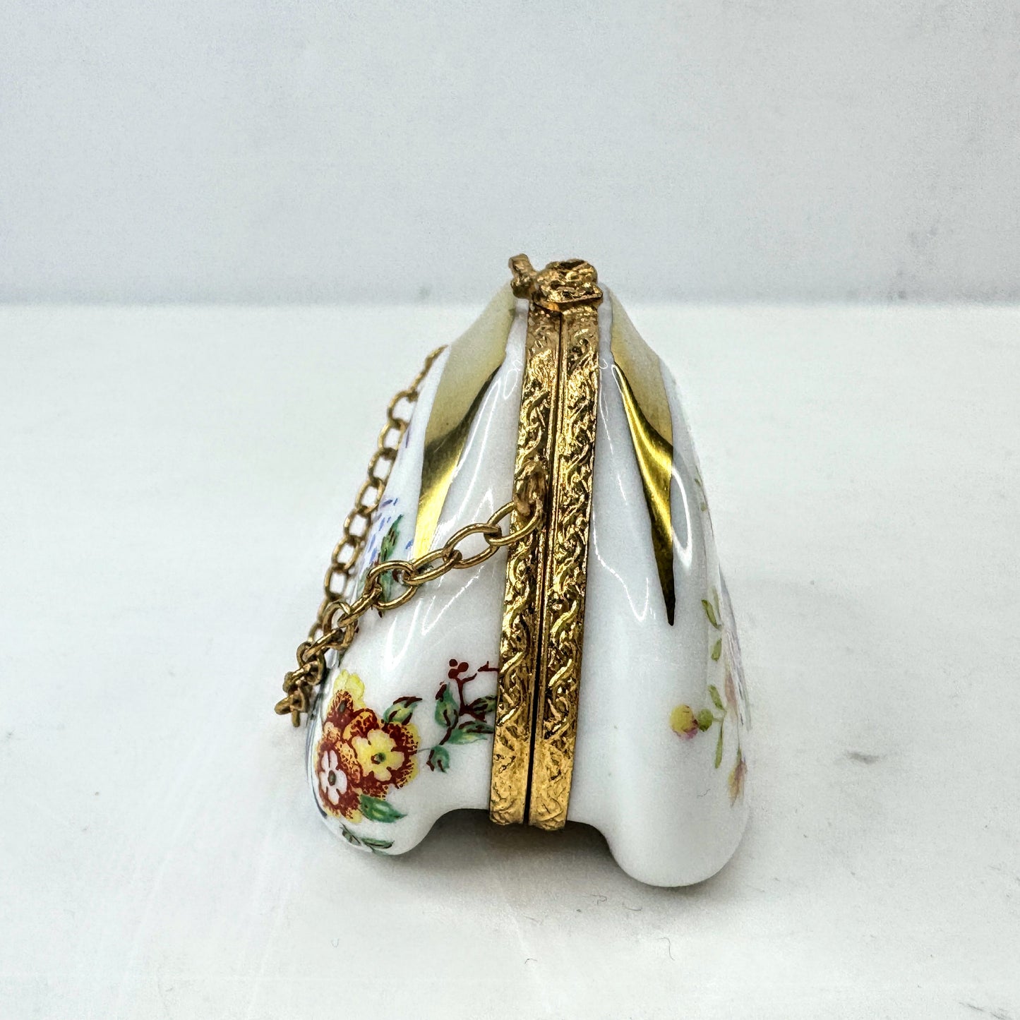 Vintage Limoges Hand Painted Pheasant Floral Handbag Trinket Box A1044