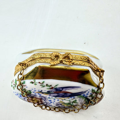 Vintage Limoges Hand Painted Pheasant Floral Handbag Trinket Box A1044