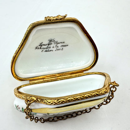 Vintage Limoges Hand Painted Pheasant Floral Handbag Trinket Box A1044