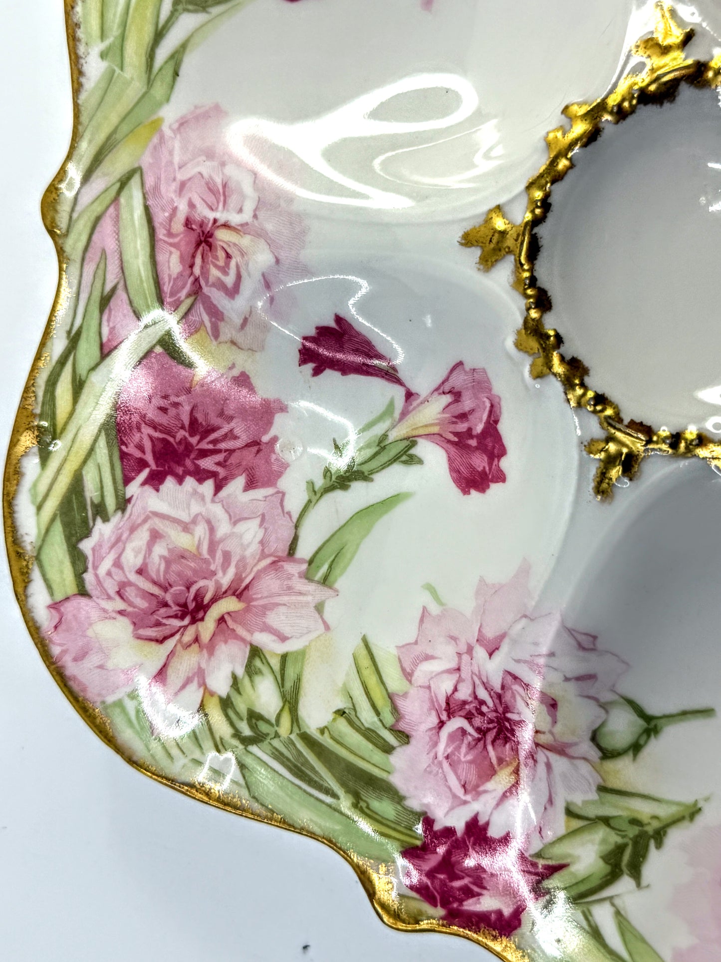 Antique Elite Works Limoges France Oyster Plate Floral Gilt Porcelain A902