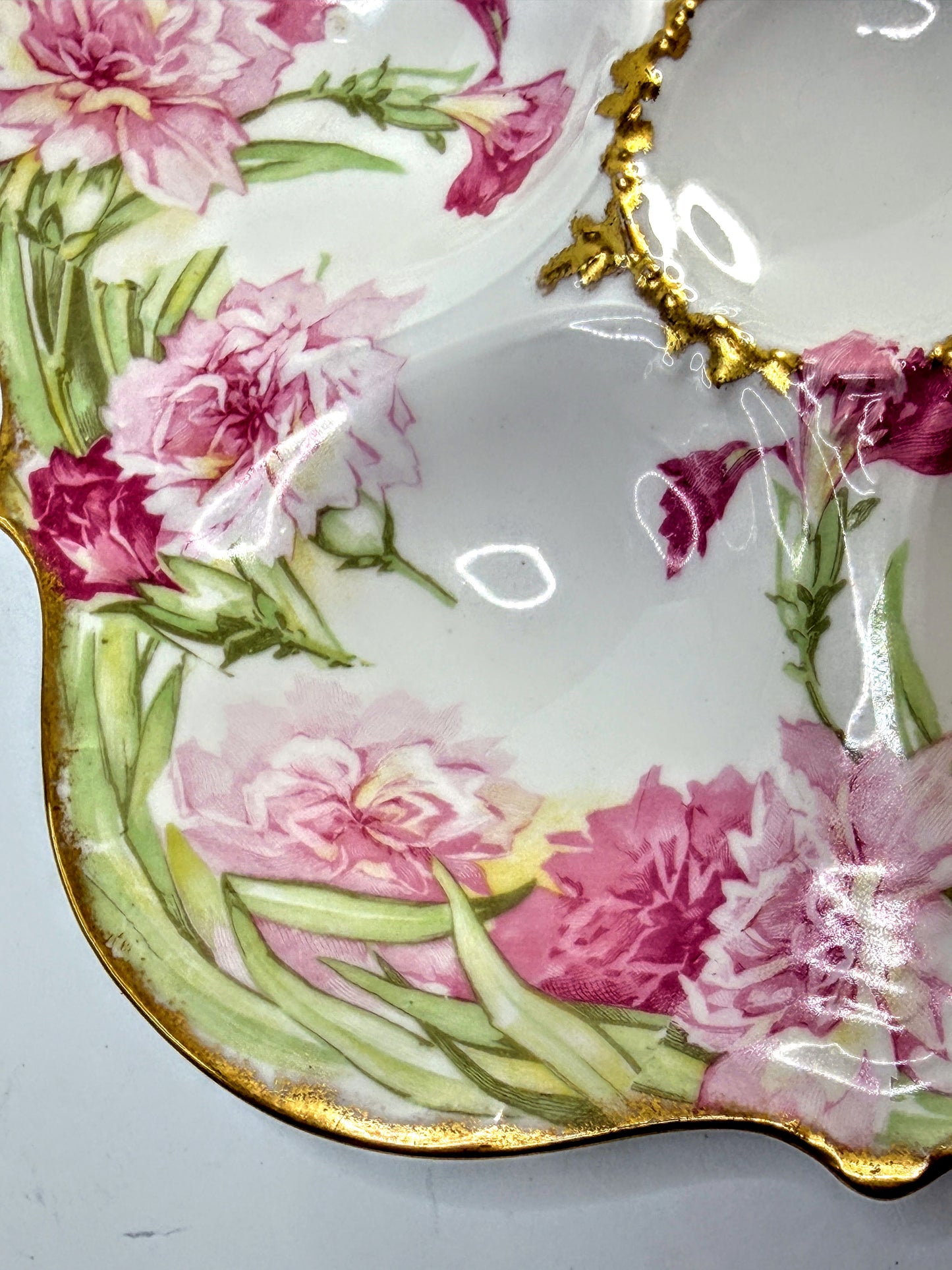 Antique Elite Works Limoges France Oyster Plate Floral Gilt Porcelain A902