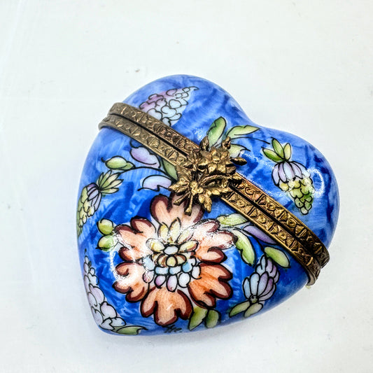 Blue Hand Painted Limoges Heart Trinket Box with Floral Design A1047