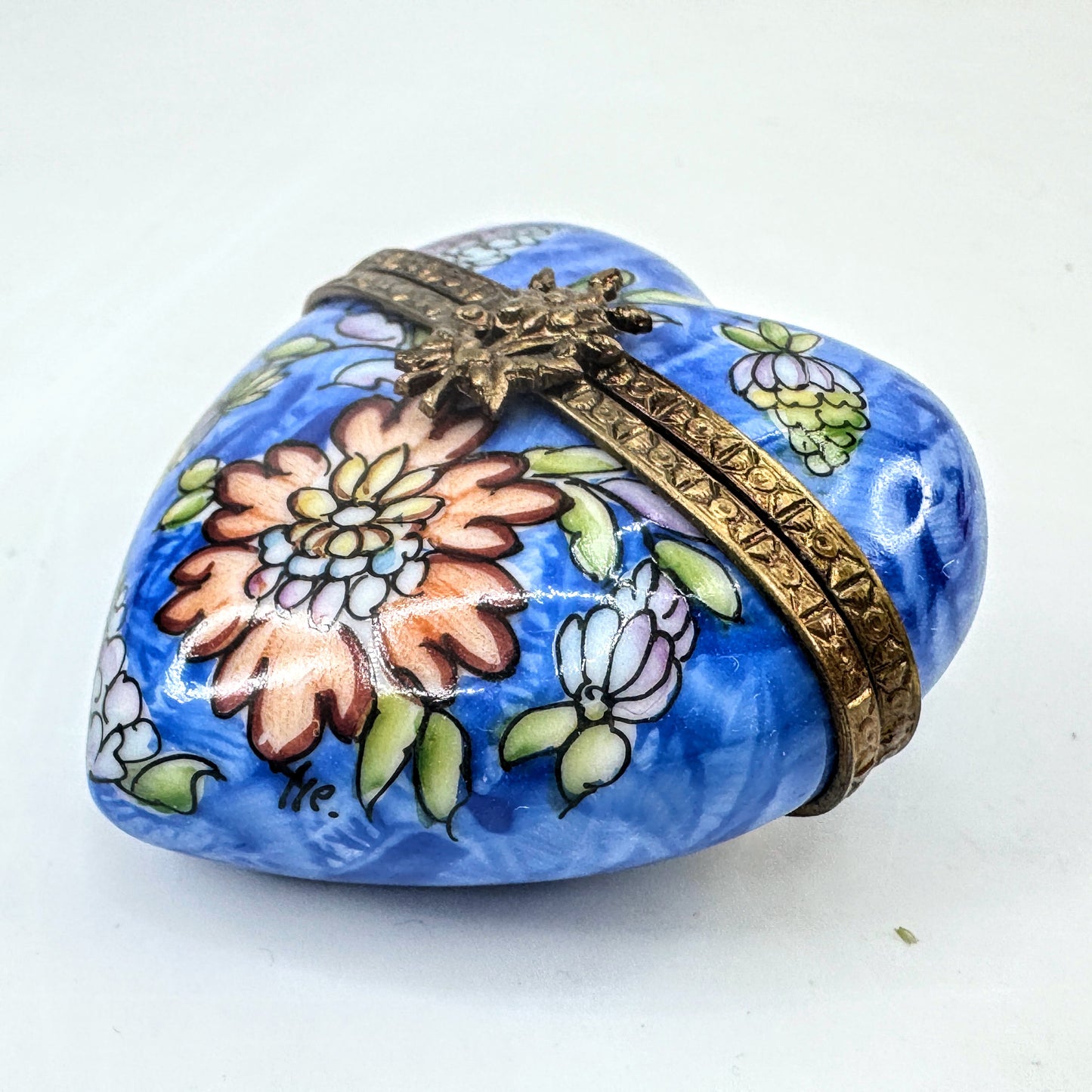 Blue Hand Painted Limoges Heart Trinket Box with Floral Design A1047
