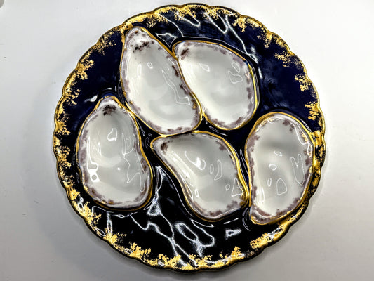 Antique Limoges Oyster Plate Cobalt Gold Gilt 5 Wells 7.9in A905