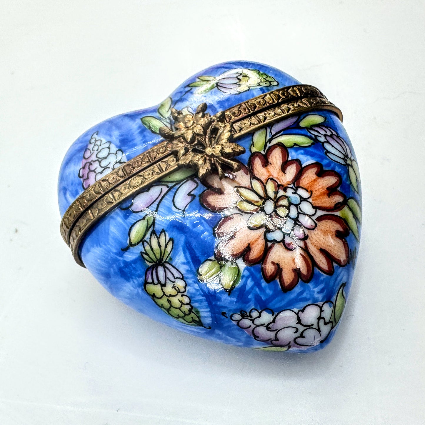 Blue Hand Painted Limoges Heart Trinket Box with Floral Design A1047
