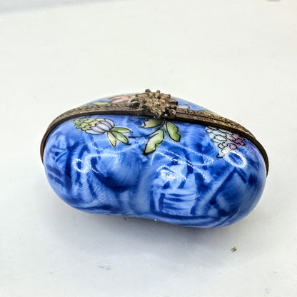Blue Hand Painted Limoges Heart Trinket Box with Floral Design A1047