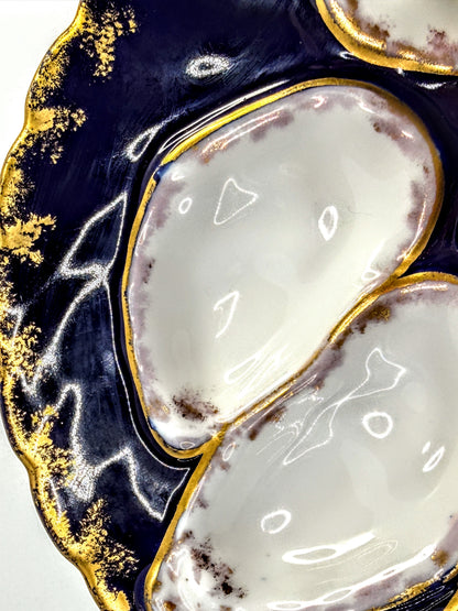 Antique Limoges Oyster Plate Cobalt Gold Gilt 5 Wells 7.9in A905