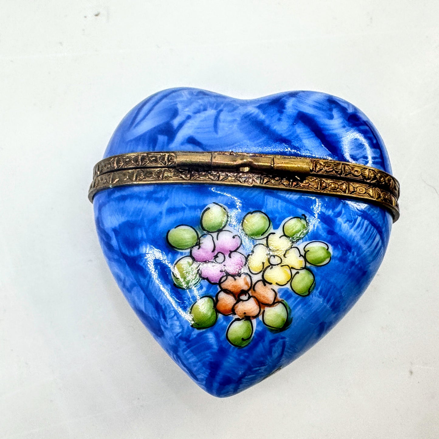 Blue Hand Painted Limoges Heart Trinket Box with Floral Design A1047