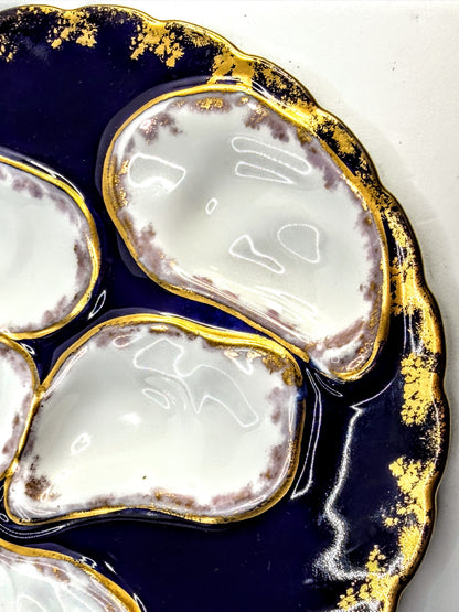 Antique Limoges Oyster Plate Cobalt Gold Gilt 5 Wells 7.9in A905