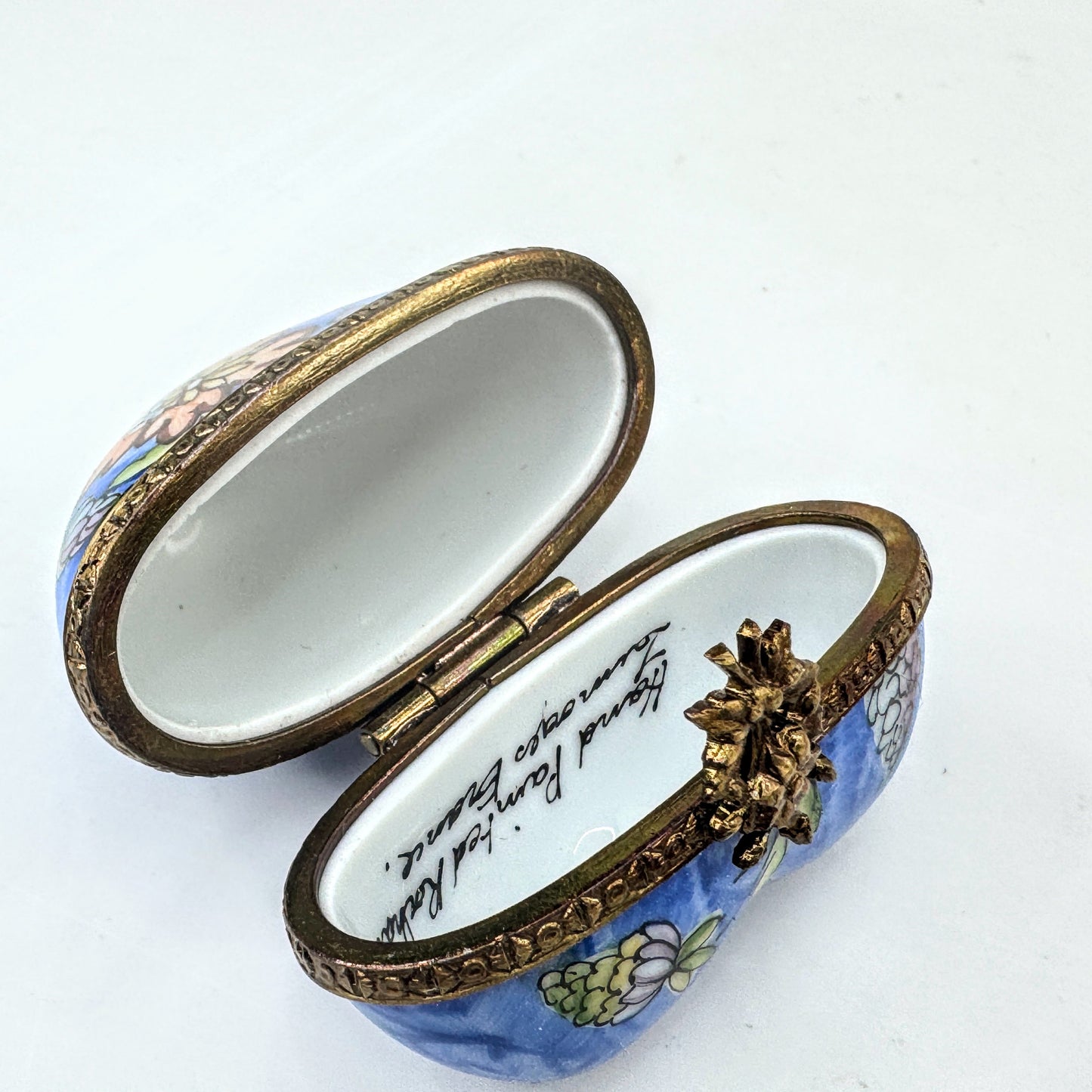 Blue Hand Painted Limoges Heart Trinket Box with Floral Design A1047