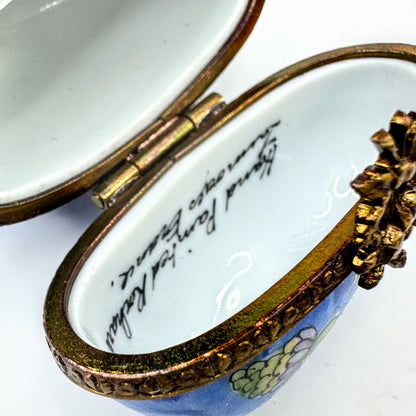 Blue Hand Painted Limoges Heart Trinket Box with Floral Design A1047