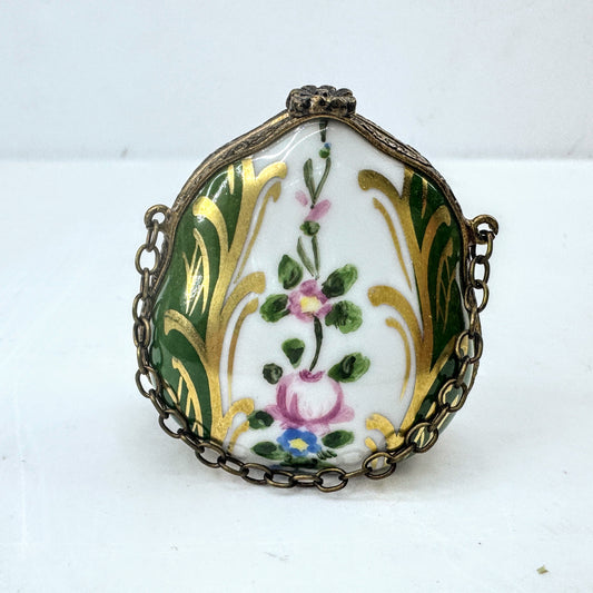 French Limoges Hand Painted Purse Trinket Box w Chain Peint Main A1048