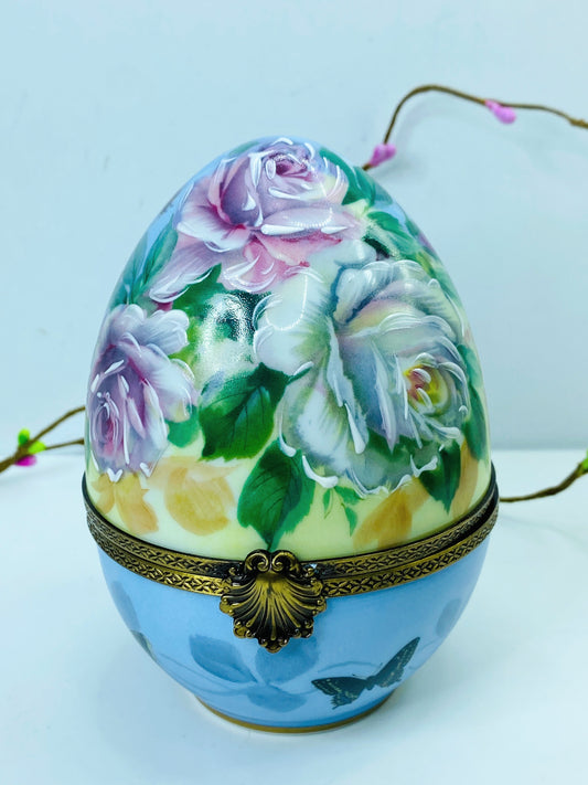 Limoges Huge Limited Edition hand painted Roses bee butterflies Egg trinket A447