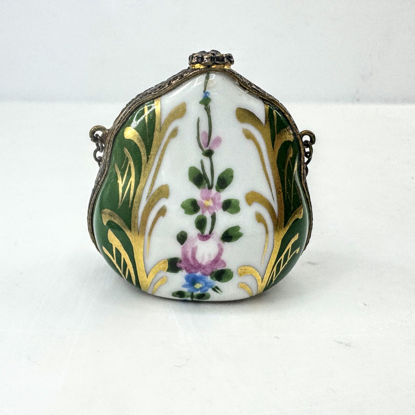 French Limoges Hand Painted Purse Trinket Box w Chain Peint Main A1048