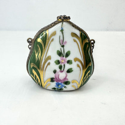 French Limoges Hand Painted Purse Trinket Box w Chain Peint Main A1048