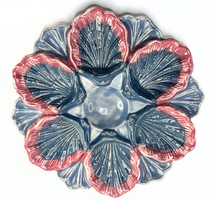 Antique Majolica Oyster Plate Blue Red Shell Form 9in A906