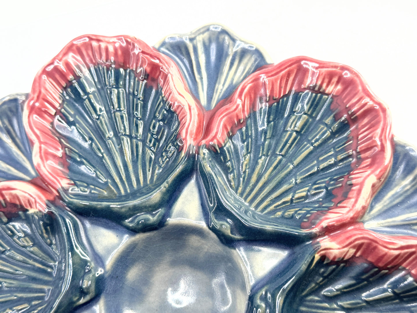 Antique Majolica Oyster Plate Blue Red Shell Form 9in A906