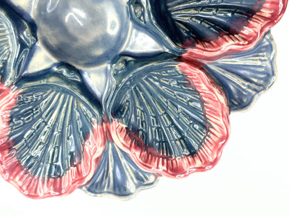 Antique Majolica Oyster Plate Blue Red Shell Form 9in A906