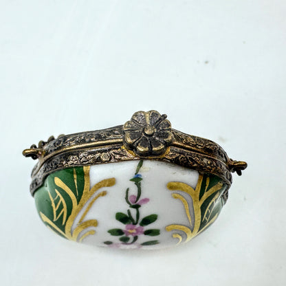 French Limoges Hand Painted Purse Trinket Box w Chain Peint Main A1048