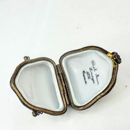French Limoges Hand Painted Purse Trinket Box w Chain Peint Main A1048