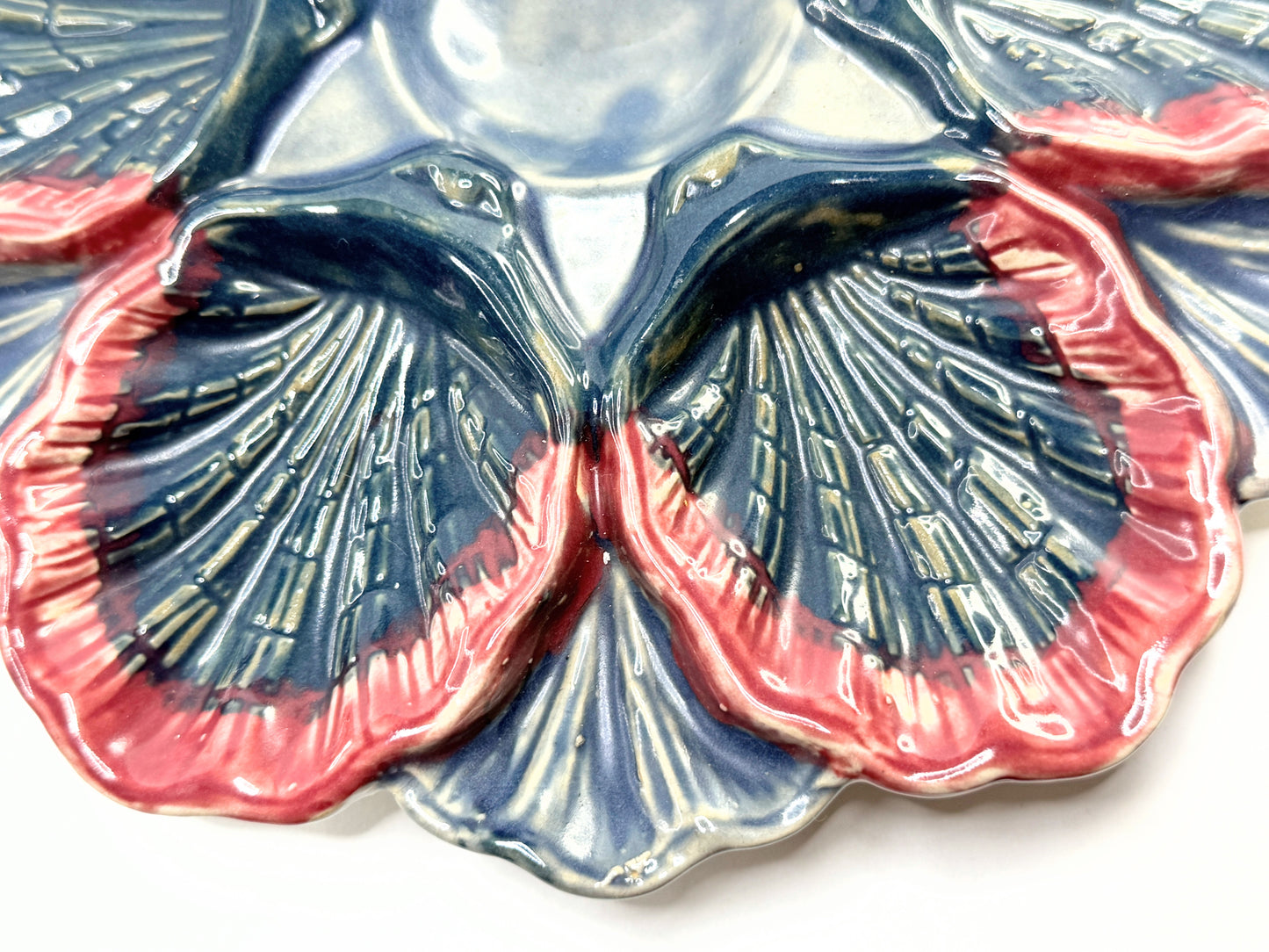Antique Majolica Oyster Plate Blue Red Shell Form 9in A906