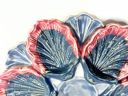 Antique Majolica Oyster Plate Blue Red Shell Form 9in A906