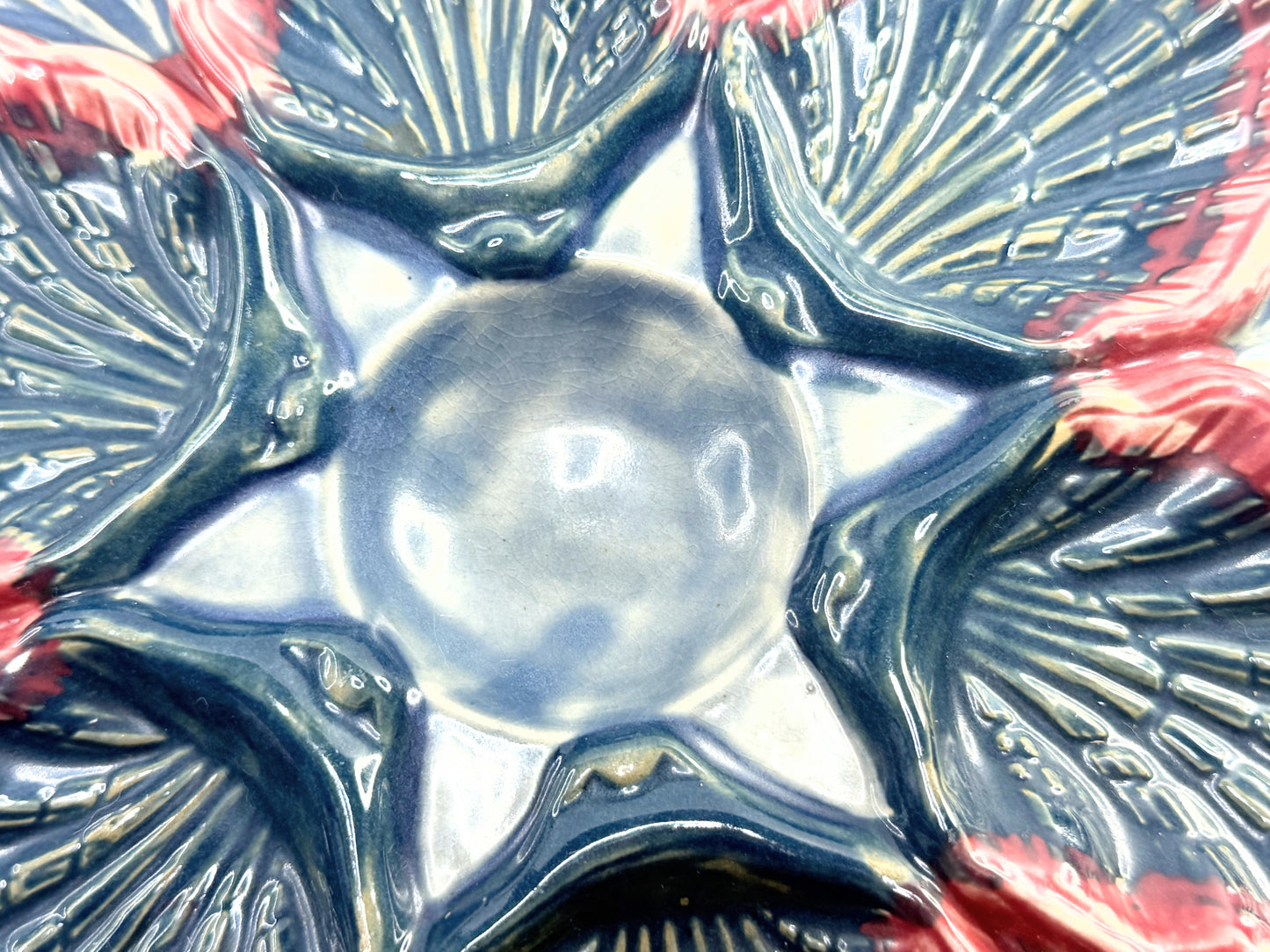 Antique Majolica Oyster Plate Blue Red Shell Form 9in A906