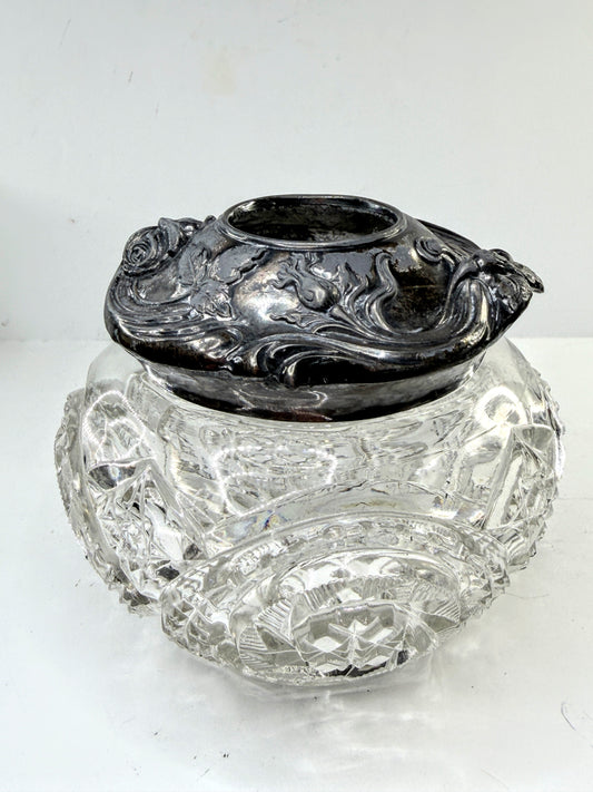 Victorian Cut Crystal Hair Receiver Silverplate Lid Repousse Art Nouveau A907