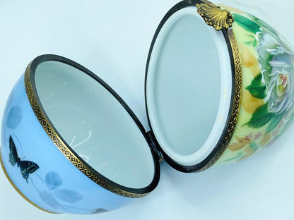 Limoges Huge Limited Edition hand painted Roses bee butterflies Egg trinket A447