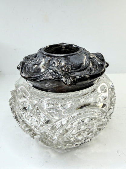 Victorian Cut Crystal Hair Receiver Silverplate Lid Repousse Art Nouveau A907