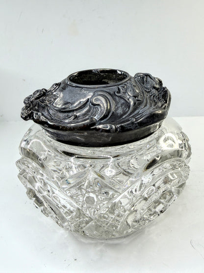 Victorian Cut Crystal Hair Receiver Silverplate Lid Repousse Art Nouveau A907