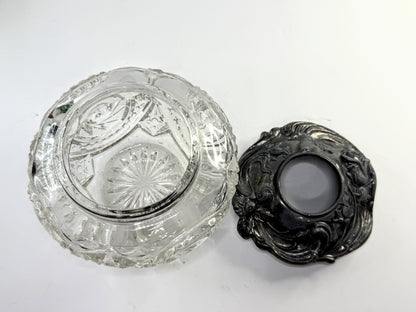 Victorian Cut Crystal Hair Receiver Silverplate Lid Repousse Art Nouveau A907