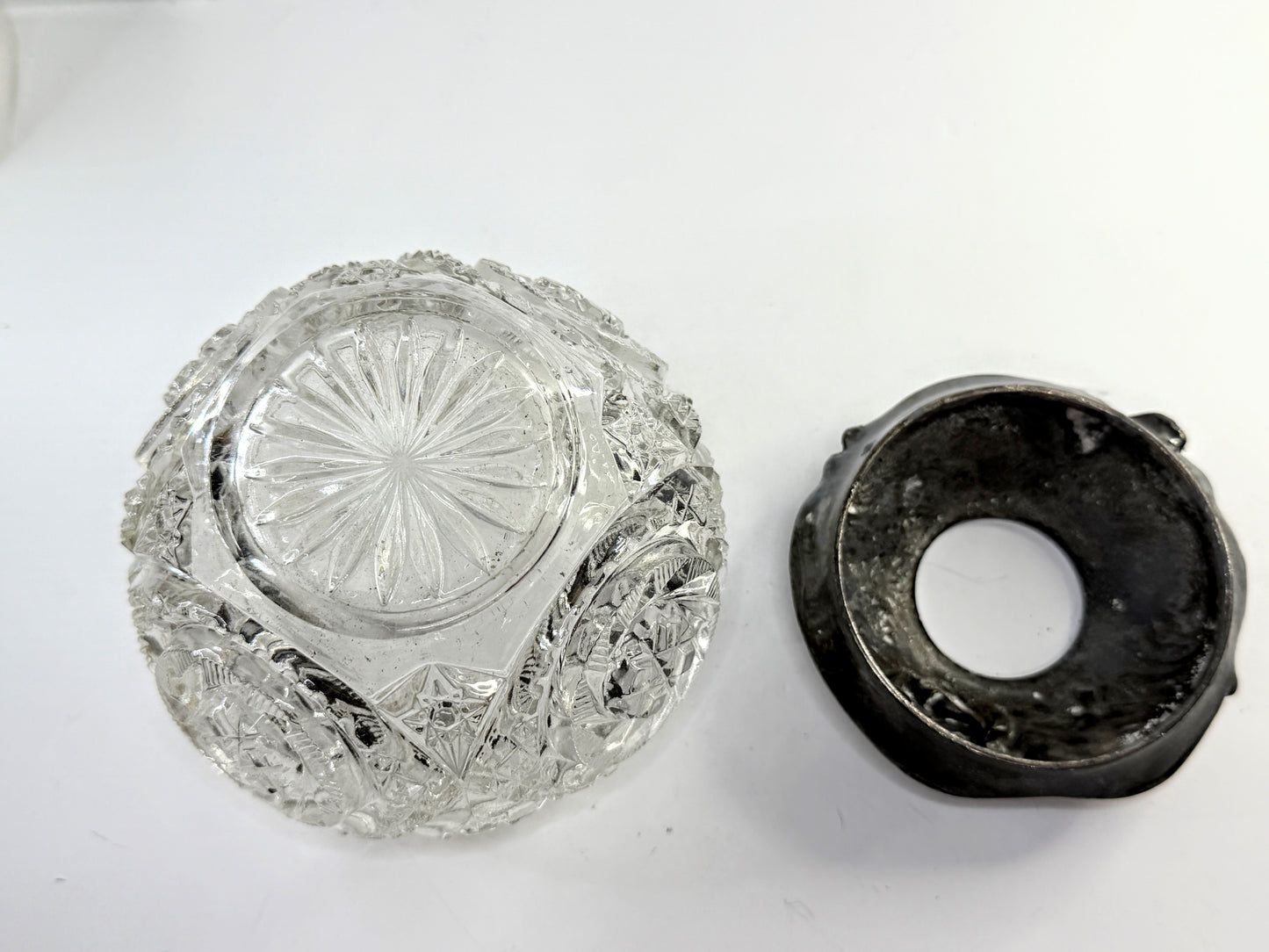Victorian Cut Crystal Hair Receiver Silverplate Lid Repousse Art Nouveau A907
