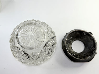 Victorian Cut Crystal Hair Receiver Silverplate Lid Repousse Art Nouveau A907