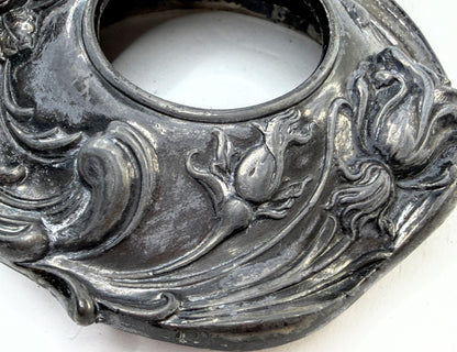 Victorian Cut Crystal Hair Receiver Silverplate Lid Repousse Art Nouveau A907