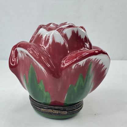 Vintage Limoges France Peint Main Red Rose Bud Porcelain Trinket Box A1052