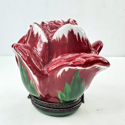 Vintage Limoges France Peint Main Red Rose Bud Porcelain Trinket Box A1052