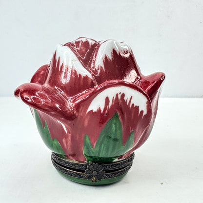 Vintage Limoges France Peint Main Red Rose Bud Porcelain Trinket Box A1052