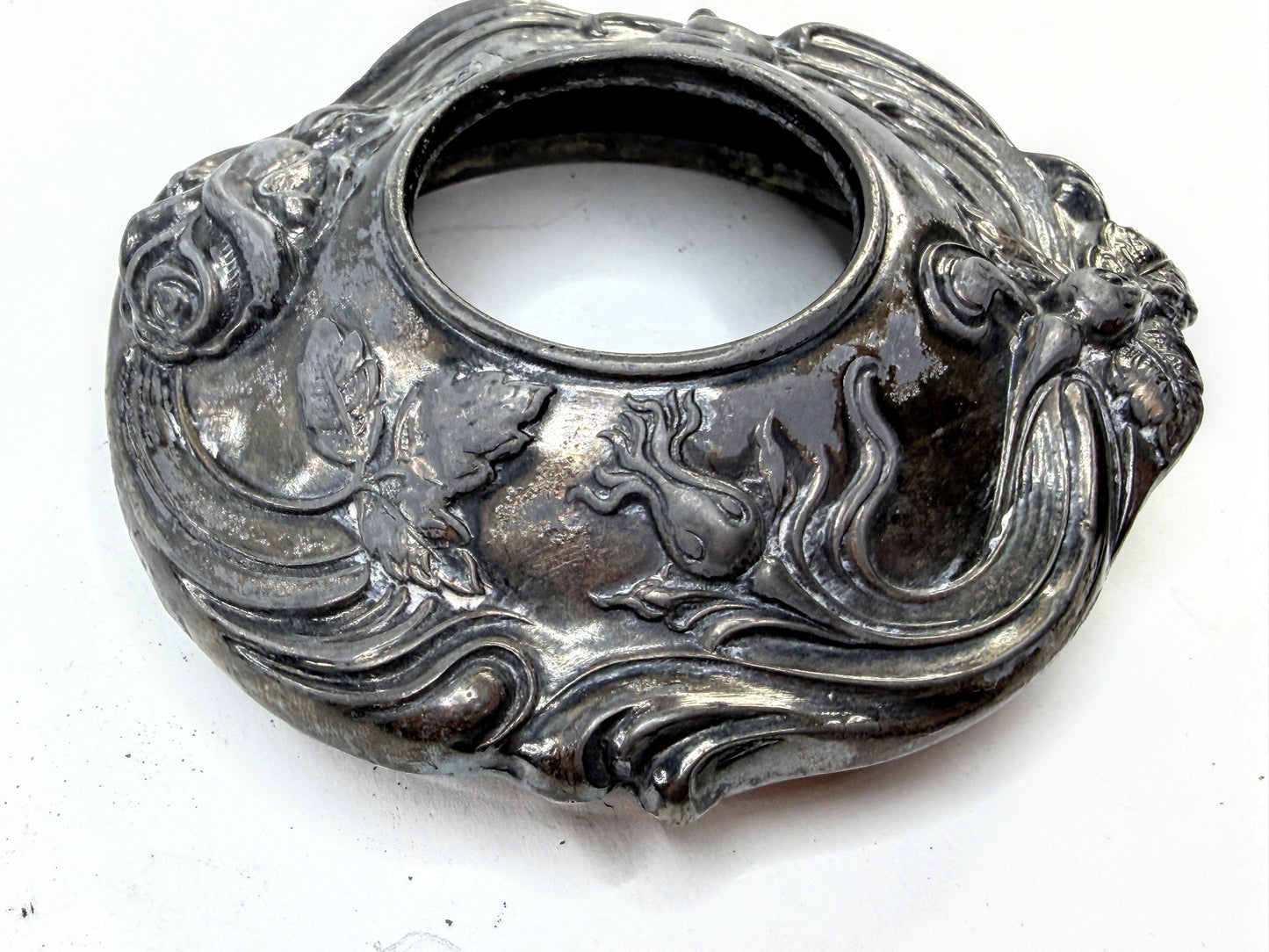 Victorian Cut Crystal Hair Receiver Silverplate Lid Repousse Art Nouveau A907