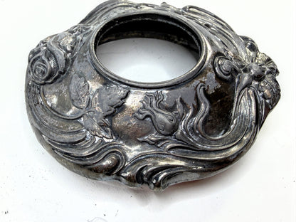 Victorian Cut Crystal Hair Receiver Silverplate Lid Repousse Art Nouveau A907