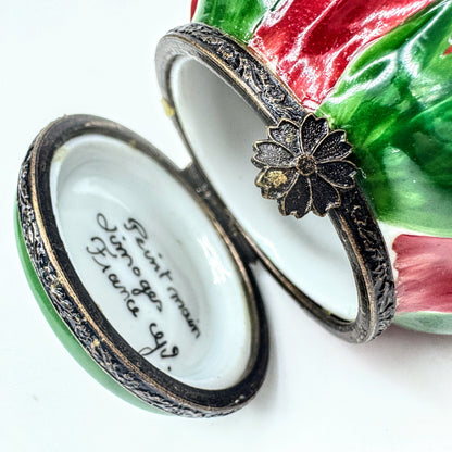 Vintage Limoges France Peint Main Red Rose Bud Porcelain Trinket Box A1052