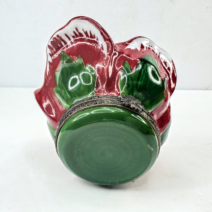 Vintage Limoges France Peint Main Red Rose Bud Porcelain Trinket Box A1052