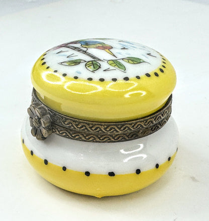 Limoges Song Bird Ginger Jar Trinket Box, Yellow Porcelain Hinged Box A1050