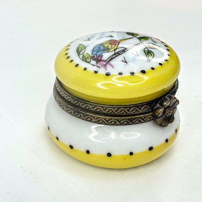 Limoges Song Bird Ginger Jar Trinket Box, Yellow Porcelain Hinged Box A1050