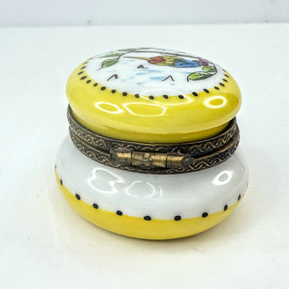 Limoges Song Bird Ginger Jar Trinket Box, Yellow Porcelain Hinged Box A1050