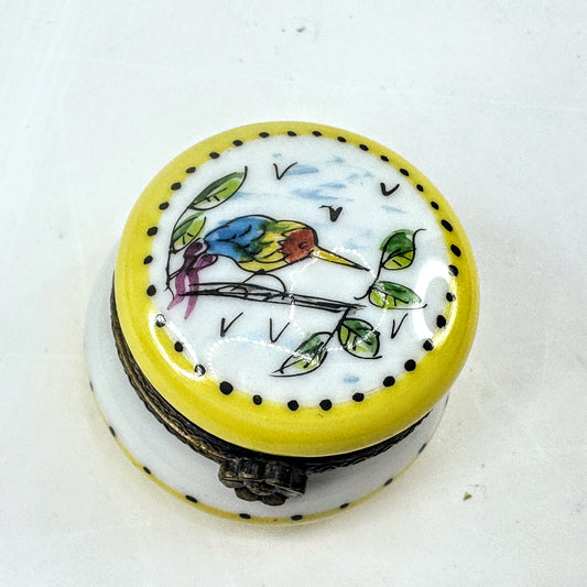 Limoges Song Bird Ginger Jar Trinket Box, Yellow Porcelain Hinged Box A1050