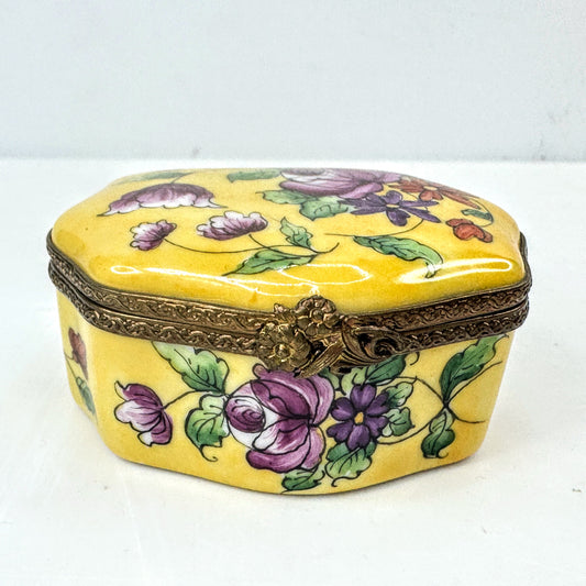Limoges France Hand Painted Yellow Floral Trinket Box, Unique Shape A1051