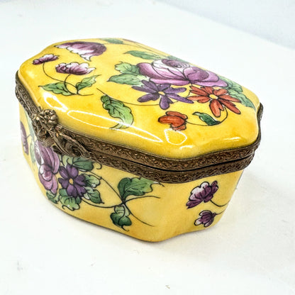 Limoges France Hand Painted Yellow Floral Trinket Box, Unique Shape A1051